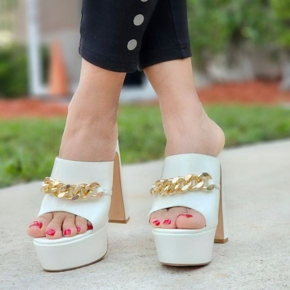 Women's White Patent Platform Mules Stiletto Heels Gold Chain Accent